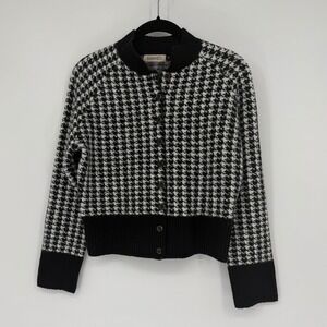 Banned Retro Houndstooth Cardigan Black White Mock Neck Knit Sweater CA21206